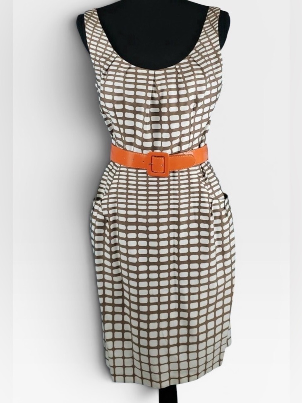 madison leigh Brown and White Grid Midi Dress with Orange Belt